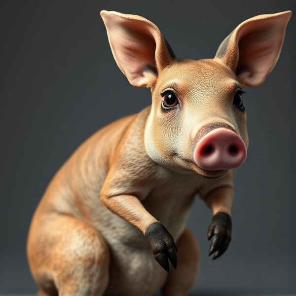 A realistic kangaroo body with defined muscles and natural fur texture, seamlessly joined to a detailed pig head with clear, life-like features such as sharp eyes, wet snout, and textured skin