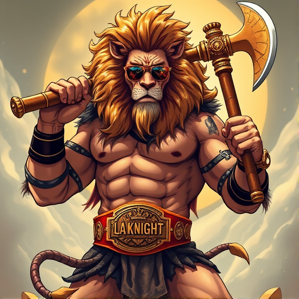 Un Lion barbare dieux du soleil une hache comme Léo escanor, avec des poils de lion et une carrure imposante et avec la ceinture de LA KNIGHT le catcheur et ces lunettes de soleil, il a un tatoo avec marqué LA KNIGHT