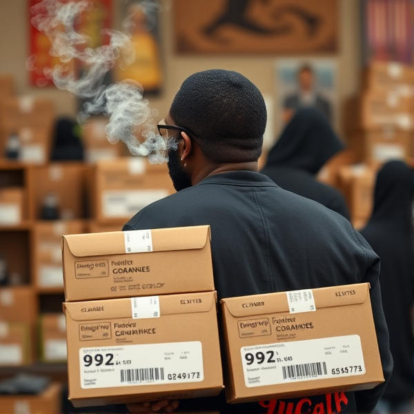 Black guy smoking. Boxes in back. Holding ultimate verified vendor list.