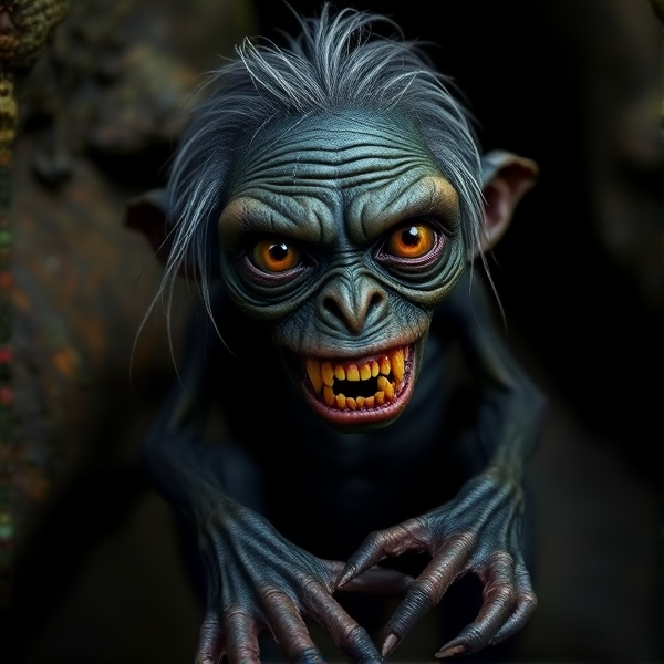 Make a photo of gollum from lord of the rings. He is a small, skinny, shriveled creature with black skin, six sharp teeth, only a few strands of long gray hair, and two large, luminous eyes. He has cold clammy hands and webbed feet.