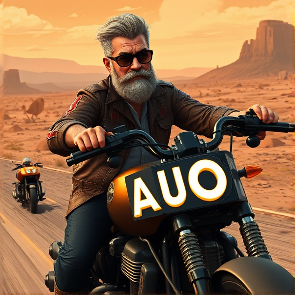 A seasoned gentleman wearing sunglasses with distinguished slick salt-and-pepper hair and a full, well-groomed beard astride a rugged motorcycle, cruising through a desolate landscape indicative of a post-apocalyptic setting. The letters "AUO" are prominently illuminated on the motorcycle's fuel tank.