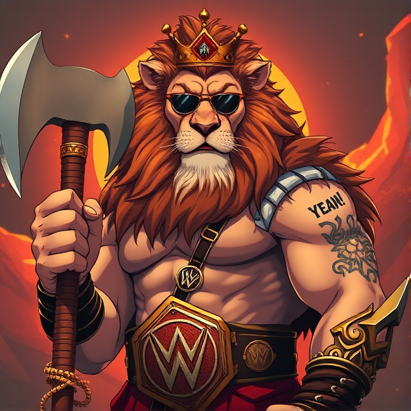 Un lion barbare dieux du soleil, il tien une hache dans la main, avec des poils de lion et une couronne et une carrure imposante et sans collier et avec la ceinture de la wwe le catcheur et ces lunettes de soleil, il a un tatoo sur le bras écris YEAH!