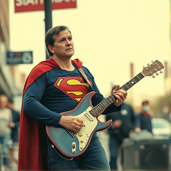 show me an old beat up version of superman. Busking with guitar and stompbox