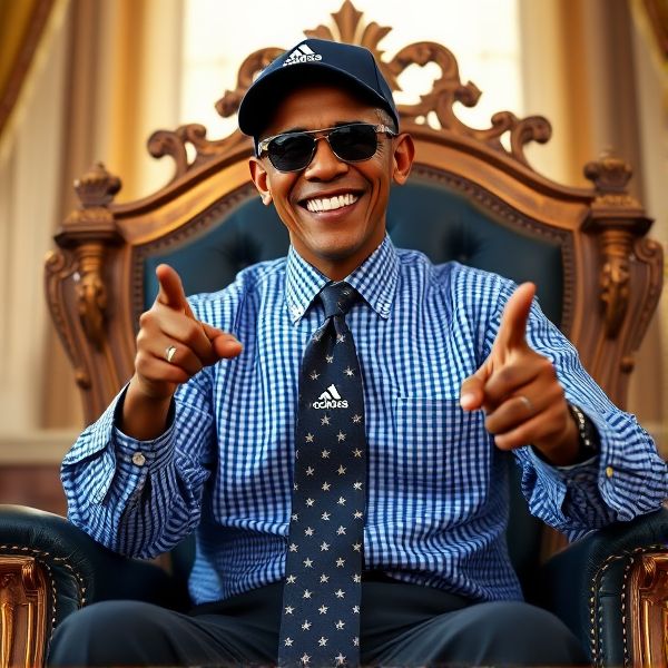 Barack Obama assis sur un trône avec casquette logo adidas , portant une chemise vichy bleue petit carreaux  et une cravate étoilée avec des logos discrets. Il porte des lunettes Ray-Ban de soleil  et une casquette Adidas,. Il pointe des doigts 
Logo adidas en gros sur sa cravate
Il regarde nous en souriant