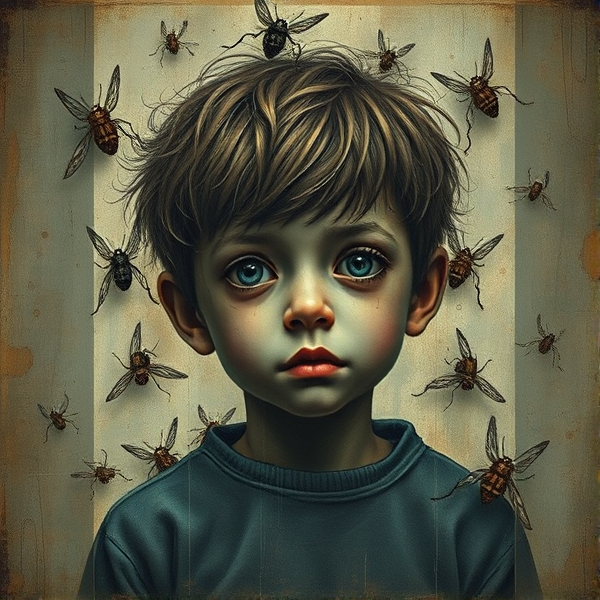 album cover, with  boy sad , strange and abstract , flies , bugs , realistic, dark