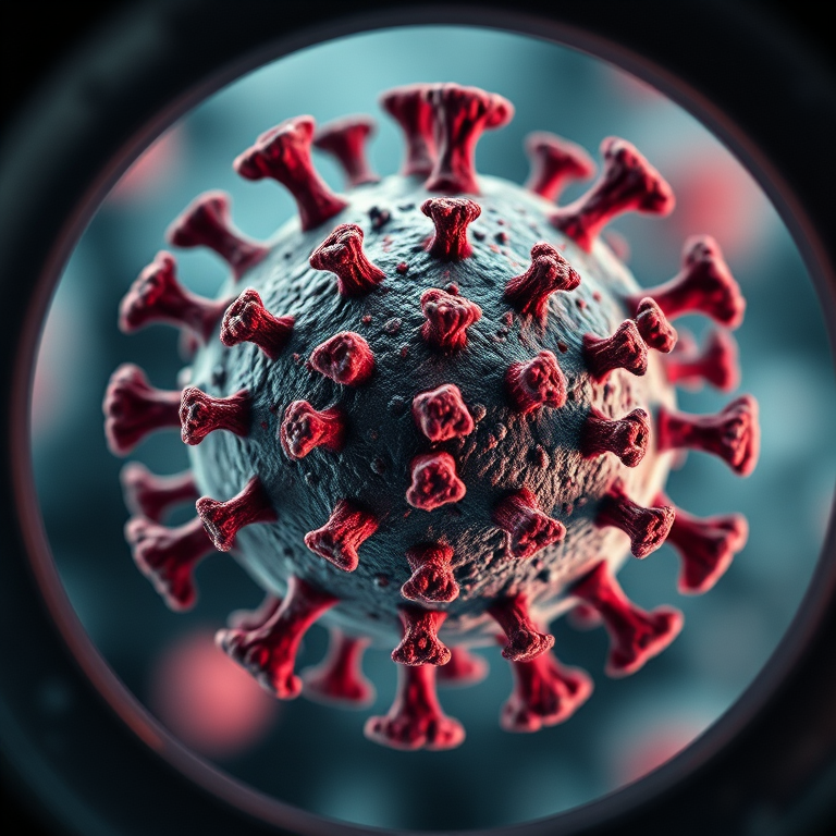 photorealistic depiction of the monkeypox virus under a microscope, highlighting its complex structure and textures with accurate scientific detail