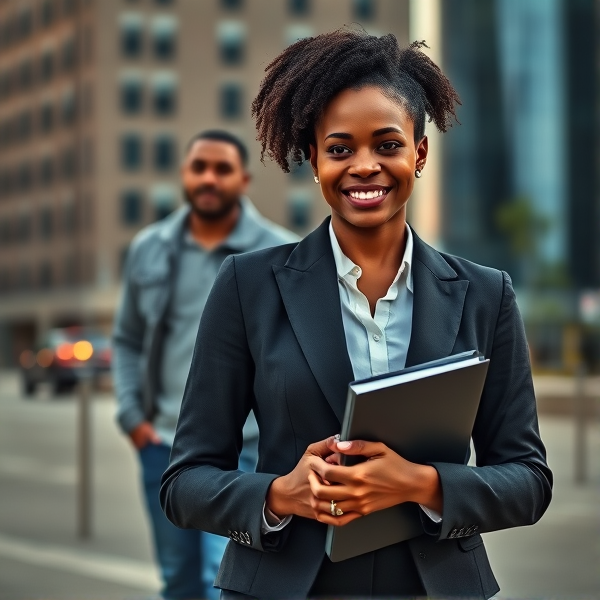 young African woman dressed in a stylish business suit, confidently holding a binder in her hands against an urban backdrop with a man behind her with jean and sweat shirt