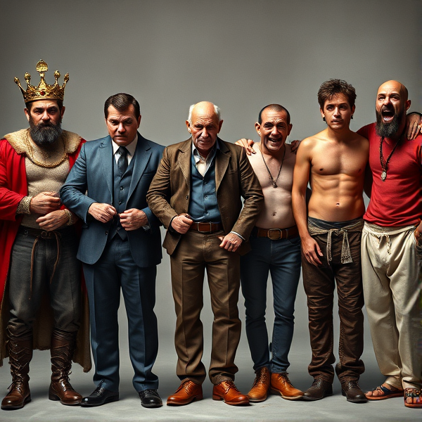 Seven brothers, each personifying one of the seven deadly sins, stand side by side. The first embodies Pride, adorned in regal attire befitting a king with a crown and scepter, his posture exuding arrogance. Wrath, the second brother, channels his sin through a gangster's outfit complete with leather jacket and scowl, fists clenched in rage. Greed is captured in the third brother, dressed as a sleek businessman with a suit that screams wealth, his hands grasping at symbols of money. Envy takes form in the fourth brother who is garbed as a lone traveler with covetous eyes upon what others possess, an oversized backpack slung over his shoulder. Gluttony is evident in the fifth brother's choice of tight-fitting clothes that accentuate excessiveness and overindulgence, mouth smeared with remnants of food. Lust is represented by the sixth brother clad in seductive attire designed to entice and tempt onlookers with its suggestive nature. Finally, Sloth appears as the seventh brother donned in excessively comfortable and baggy loungewear, embodying lethargy and disinterest in any activity.