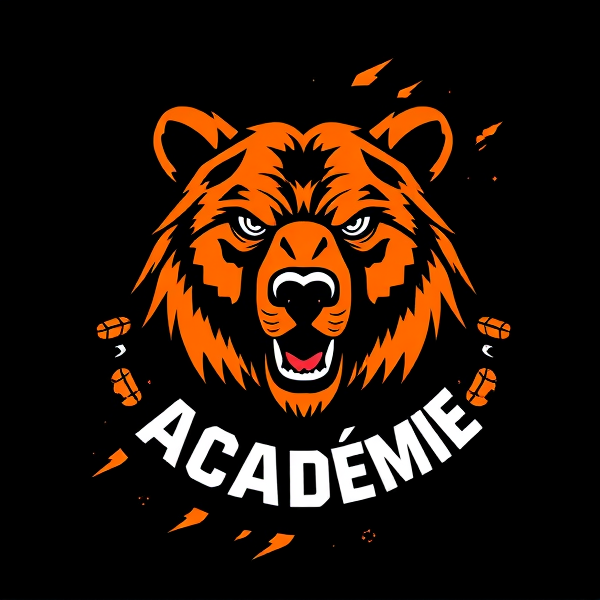 Créez un logo d'équipe de soccer captivant avec un grizzly concentré comme motif principal. L'emblème, central et imposant, représente un ours féroce aux yeux perçants, incarnant force et détermination. Les couleurs prédominantes sont un orange vibrant et un noir profond, créant un contraste saisissant qui symbolise l'énergie et l'intensité du sport. Le logo a une forme circulaire parfaite, encadrée d'une bordure noire épaisse et robuste qui lui donne de la substance et du poids visuel. Dedans le cercle se trouve le texte "Tilt Académie" écrit en caractères audacieux et modernes, avec une typographie épurée pour faciliter la lecture tout en ayant une présence forte.

L'arrière-plan est habilement stylisé pour évoquer le mouvement et la passion liés au soccer ; il peut s'agir d'illustrations abstraites représentant des traînées dynamiques ou des motifs évoquant une vitesse fulgurante. Des éléments de football subtils sont intégrés dans le design pour renforcer le thème sans surcharger le visuel : pensez à des contours suggestifs de ballon de soccer ou à des silhouettes abstraites de joueurs en action disséminées autour du grizzly.

La composition globale doit respirer la vitalité et exsuder une présence forte, capable d'inspirer tant les joueurs que les supporters. L'objectif est d'avoir un impact immédiat tout en restant intemporel, afin que l'emblème reste pertinent saison après saison.Tilt Académie , ces deux mot en évidence