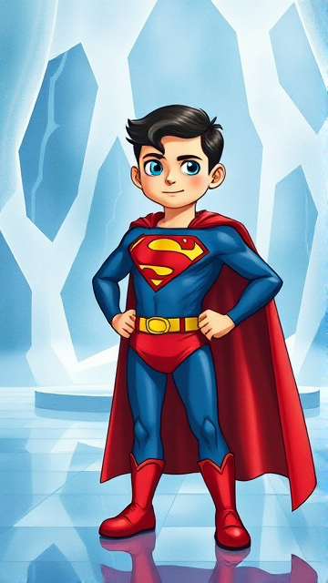 1990's Cinematic Movie Scene: Jon Kent, AKA Superboy, the young little 12-year old super son of Superman, and the first kid to be born as the world's first Half-Kryptonian child. Despite being a kid, he has all of his father's powers, with an extremely muscular body, the iconic costume, the singular curled bang sticking out at the front of his flat and smooth black hair, and a long cape. The young little Half-Kryptonian kid, Jon Kent, now Superboy, stands in his secret icy crystal lair in the Arctic, the Fortress Of Solitude, ready for action as he prepares to take flight for the first time so he can honor his deceased father's legacy and fulfill his destiny.