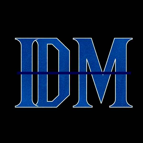 The Letters IDM In Dallas cowboy blue. The font is copperplate gothic bold. Have the be a line same color as the background going through the mid bottom of the I all the way through the top left part of the m. Have the background be dark grey
