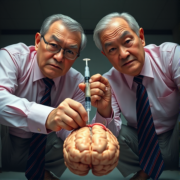 Deux hommes d'affaires japonais  entiers âgés sont accroupis. Ils portent des longues cravates soyeuses aux motifs de rayures bleues et rouges. Ils regardent droit dans l'objectif avec assurance, affichant des expressions graves.. Chacun appuie  fermement sur une seringue hypodermique  plantée dans ce qui semble être une tête hors champ. La prise de vue en contre-plongée accentue leur stature dominante et imposante. Leurs chemises sont d'une teinte subtilement rose, apportant un contraste raffiné à leur tenue formelle. Les sourcils froncés et le regard perçant donnent à leur apparence un air intimidant qui évoque une certaine froideur implacable. Ensemble, ils pressent la seringue avec force, suggérant une destruction métaphorique du "cerveau" auquel elle est appliquée
Cravates entièrement visible 
Vue contre-plongée