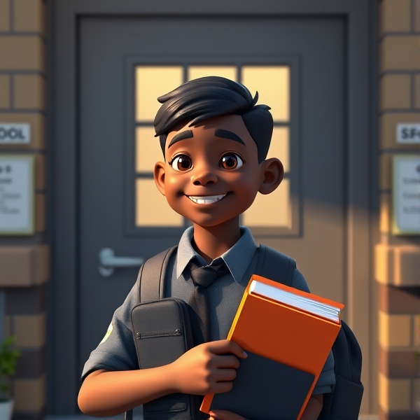 collégien noir avec cheveux courts en uniforme scolaire et des livres sous le bras, souriant devant une porte d'école, lumière matinale