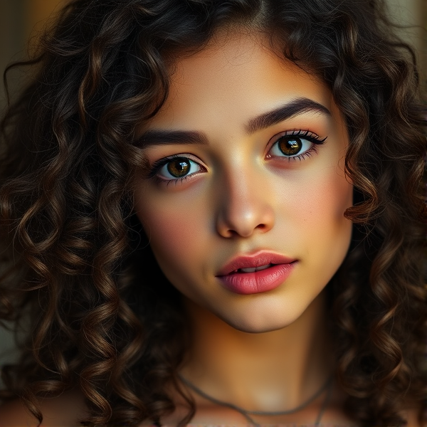 A 17 yearold girl with long naturally super curly dark brown hair, short eyelashes,  brown eyes, medium natural curved eyebrows, medium natural thick pail lips, slight tan skin, . In high realism