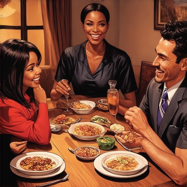 Repas de famille afro-américaine chaleureux et convivial, avec un grand assortiment de plats traditionnels soul food sur une grande table en bois, entourée de membres de la famille riant et partageant des moments ensemble dans une salle à manger bien éclairée et décorée pour l'occasion
