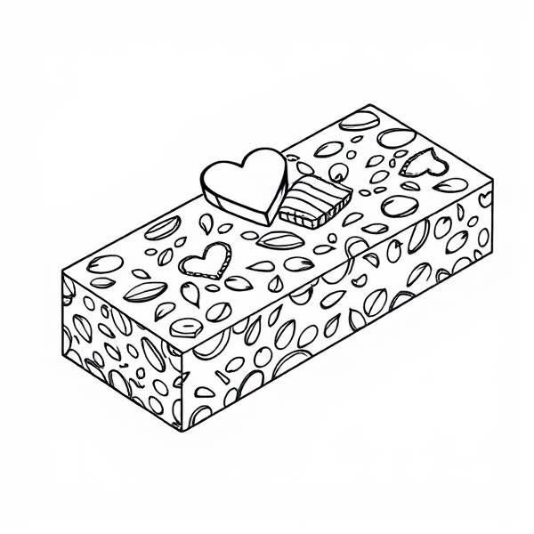 1 Granola bar. Outline only. No colours just black and white for colouring in. It has oats and  small chocolate in it that are in heart shapes with no colours also. Everything should be black and white. Just the outline for a colouring book