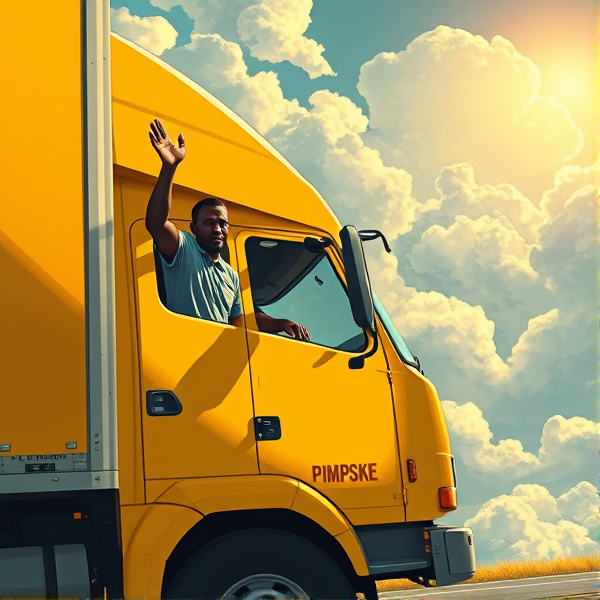 Black man waving out drivers side window of an all yellow moving truck that says the word "PIMPSKE" ON THE SIDE, truck driving into heaven