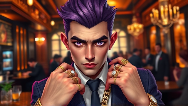 A portrait of a youthful male personification of the sin of greed, with meticulously styled, sharp purple hair and piercing deep lavender eyes that twinkle with a mischievous spark. He is adorned in luxurious designer clothing that exudes opulence, including a tailored suit rich in texture and design, indicative of his wealth. His fingers are decorated with an array of gold rings boasting intricate designs, and a thick, ornate gold chain hangs heavily around his neck. His face bears an expression teeming with cunning and slyness, suggestive of someone always on the lookout for the next lucrative opportunity. He is positioned confidently in the dynamic setting of an upscale bar filled with activity and affluent patrons, reflecting his high status environment.