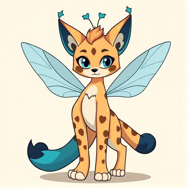 Lynx beige fursona furry with brown and blue markings and blue ears, star blue antennae with 2 bug wings and 4 arms. Cartoony silly little Lynx fursona scenecore with a tuft. Standing on two legs and  no lighter markings standing on two legs. Blue inside the ears and a blue and brown heart on her tail. Her tail fades into a dark and a lighter blue. Standing on 2 legs on 2 legs not on 4 legs she is standing on two legs two of them and she’s standing on 2 legs like a human but she isn’t human okay. Oh my gosh I said she’s a furry so she’s standing on 2 legs and also she’s a Lynx and where is her antennae  she has antennae shaped into the shape of a star on top of her head. She is a lynx cat and crossed with a mantis. She doesn’t have any spots on her.