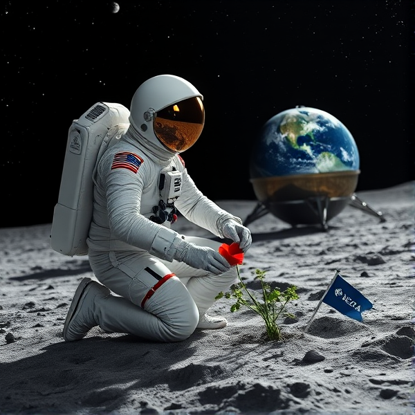 Un astronaute méticuleux vêtu d'une combinaison spatiale très détaillée aux nuances de blanc perle et d'acier chromé, avec des marques distinctives fidèles à l'esthétique NASA et des éléments réfléchissants subtiles, se tient agenouillé dans une posture mesurée et symétrique sur le sol gris poussiéreux et richement texturé de la lune. La scène est baignée dans une lumière douce et diffuse émanant d'un ciel nocturne profond, constellé d'étoiles scintillantes dévoilant des constellations précises et un dégradé harmonieux allant du noir ébène au bleu outremer. Son casque spacieux offre un effet miroir parfait, reflétant les alentours avec clarté alors que ses gants renforcés, équipés de systèmes de contrôle tactile avancés, manœuvrent habilement les instruments spécialisés pour la culture en apesanteur. Concentré sur sa tâche, il utilise une trousse d'outillage spécifique pour la plantation qui comprend des pipettes de précision, afin de planter minutieusement des graines de pavot dans le substrat enrichi en nutriments essentiels situé à l'intérieur d'un biodôme lunaire transparent. Ce dernier abrite un réseau complexe et finement conçu de systèmes hydroponiques avant-gardistes accompagnés d'une installation lumineuse à spectre complet soigneusement ajustée pour simuler les conditions optimales terrestres nécessaires à la photosynthèse en milieu extraterrestre. En arrière-plan se profile un module d'atterrissage spatial au design sophistiqué et épuré qui arbore avec distinction le logo emblème du Québec sur son flanc poli. Le paysage lunaire alentour contraste fortement avec ce signe de présence humaine grâce à ses cratères nets et ses monticules réalistes. Suspendue au-dessus de l'horizon sélénite, la Terre offre une toile spectaculaire aux couleurs vibrantes mais naturelles : océans azurés, continents verdoyants teintés par la diversité des biomes terrestres et nuages filamenteux caressant doucement l'atmosphère visible. Non loin du site d'expérimentation agricole spatial se trouvent judicieusement disposés différents instruments scientifiques ultra-précis: capteurs environnementaux multiparamètres, moniteurs de croissance végétale dotés d'I.A., ainsi qu’un petit panneau solaire flexible assurant l'énergie nécessaire à leurs fonctions. Un petit fanion du Manchester City Football Club flotte doucement sur le côté du module habitable, ajoutant une touche ludique à cet environnement studieux qui symbolise également un partenariat entre les sciences spatiales et le sport représentatif de cette nouvelle 'Manchester City' interplanétaire