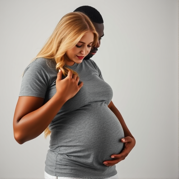 Pregnant blonde woman hugging a black man