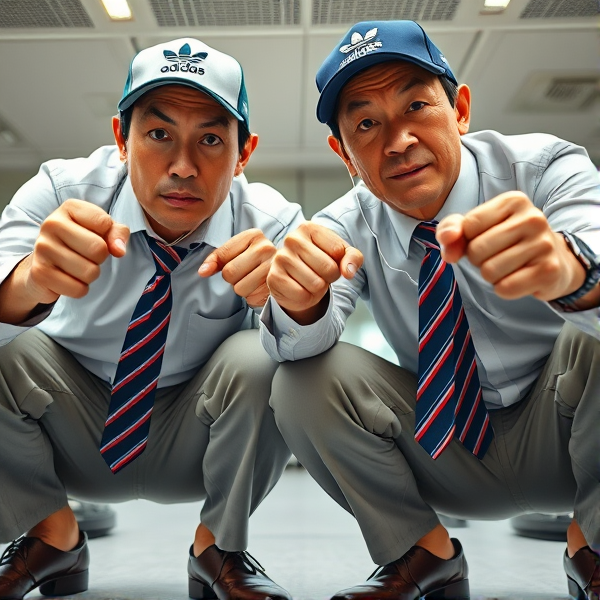 Deux  différents hommes d'affaires japonais puissants mature  accroupis et faché  portant des casquettes Adidas  et des cravates rayées longues  bleue rouge et oreillettes Apple 
Ils sont complices et conquérants , ils dominent 
 , accroupis pas trop et regard fort

Ils sont hypnotisant du regard , amis, complice , envoûtant , charismatique 
Ils se tiennent par les épaules , il fixent l objectif de la caméra,  faché pointing 

Vue contreplongée
Vue contreplongée 
Vue contre plongée