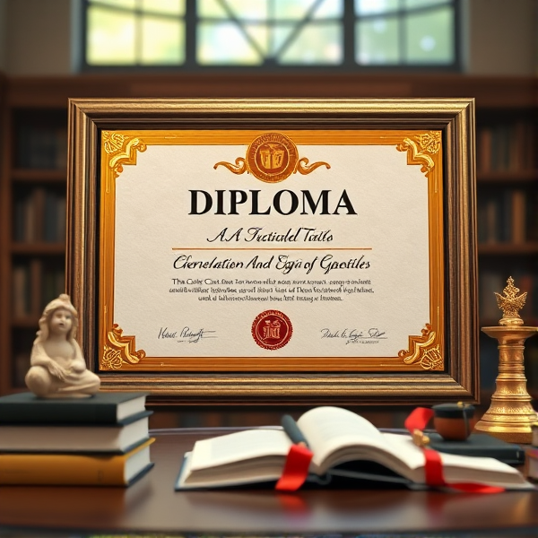 Prompt: Diplôme avec des bordures dorées sophistiquées, un sceau officiel en relief, une typographie classique et claire sur un fond en parchemin texturé, le tout présenté dans un cadre académique avec des livres et des symboles éducatifs posé sur table dans un cadre