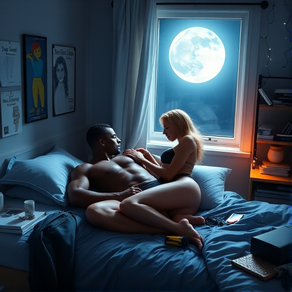 A moonlit college dormitory basks in a serene, silvery-blue glow from the moon, with light pouring through a partially open window and creating an ethereal atmosphere. The room is quiet, amplifying even the softest noise against the hush of night. At the center of this tranquility are two lovers, a man and woman in their college years, making passionate love lying down against the pillows of the bed.

The black man's physique is reminiscent of classical Greek statues; caramel skin illuminated by the lunar light, well-defined muscles visible beneath his fitted black boxer briefs. His commanding presence is softened by short natural hair that subtly glimmers as it reflects bits of moonlight.

Conversely, the woman embodies both vigor and allure. Her slender yet firm form is accentuated by delicate black lingerie. Her bright blonde hair spills across the pillow.

Their intimate world is surrounded by emblems of student life: walls adorned with music band posters and various art prints; a desk cluttered with shiny textbooks among electronic devices and loose papers; backpacks leaning against a closet; fairy lights hanging unlit along shelves brimming with cherished mementos—all casting intricate shadows within this tranquil sanctuary where emotional and physical intimacy converge.

Generate realistic human figures with natural proportions and expressions. Ensure human faces have symmetrical features and natural skin tones. Use natural poses and movements appropriate for the context of the scene. Ensure all human faces are clear, detailed, and complete. Faces should be well-defined with accurate features, including eyes, nose, mouth, and hair. Avoid any blurring, incomplete details, or missing facial elements.