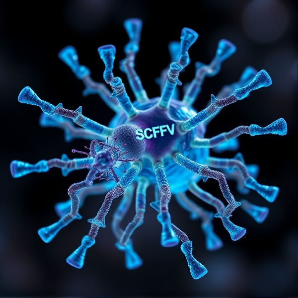 Un phage qui exprime un scFv à sa surface avec des anticorps tout autour 
Dans les couleurs bleus