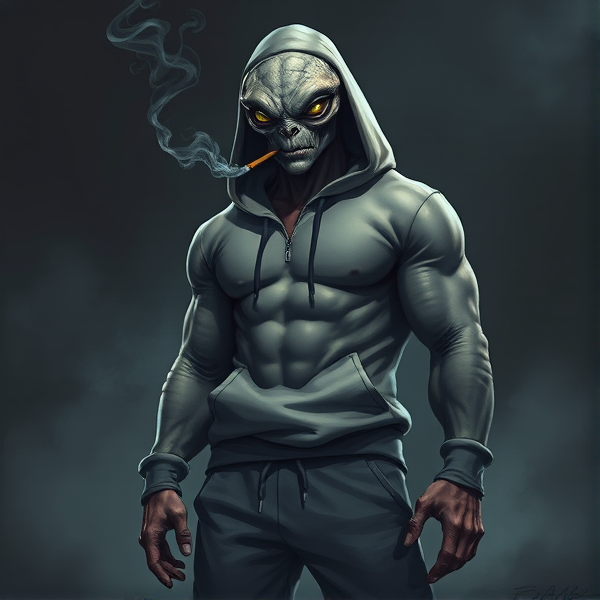Imposing extraterrestrial male figure with an athletic build and towering stature, sporting a quartet of eyes that exude an aura of self-assuredness mixed with a dash of arrogance. His attire is casually urban: a snug hoodie paired with slate-gray sweatpants, enhancing his muscular physique. In his lips, he nonchalantly holds a lit joint, its smoke swirling subtly around him. He is considered  to be attractive