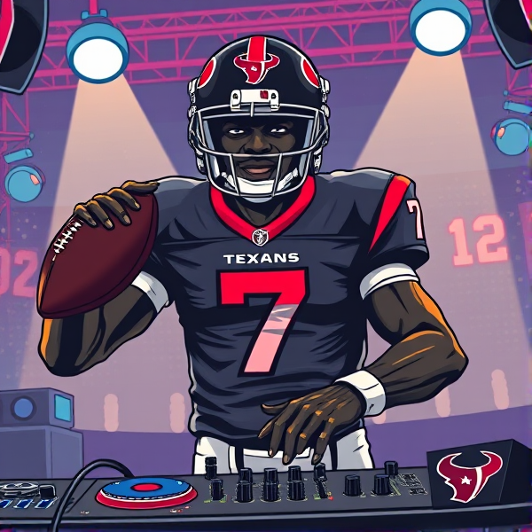 Animated black quarterback wearing number 7 jersey for Houston texans  DJing a  Football theme edm party