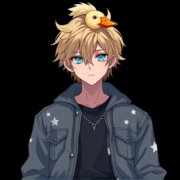 A duck on a guys head. The guy has messy light blonde hair that slightly goes over his eyes. His eyes are an icy blue. He has a Grey jack with white starts half open. A black undershirt. And ripped black jeans with a chain.
