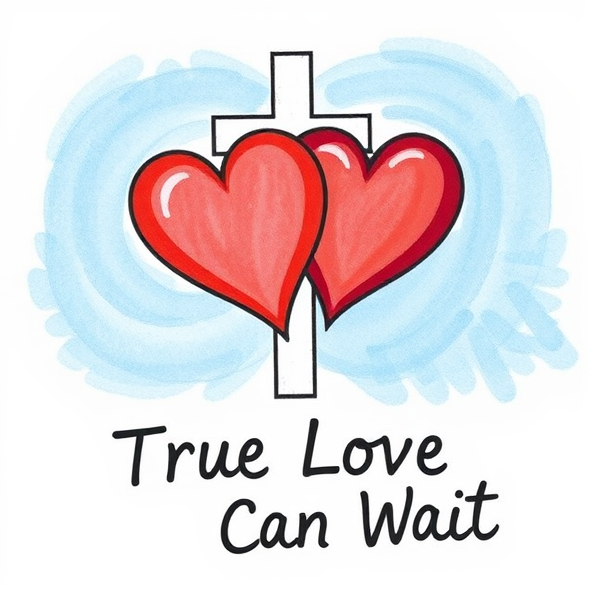 Two interlocking hearts surrounded by a Cross and the words: True Love Can Wait