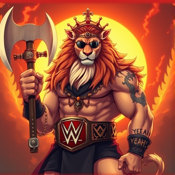Un lion barbare dieux du soleil, il tien une hache dans la main, avec des poils de lion et une couronne et une carrure imposante et avec la ceinture de la wwe le catcheur et ces lunettes de soleil, il a un tatoo sur le bras écris YEAH!