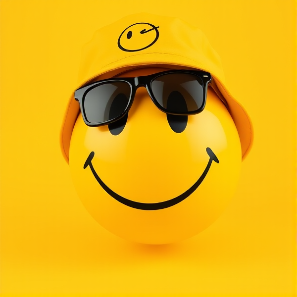 A yellow smiley face wearing a yellow bucket hat with a smiley face on it and black shades in a yellow background wearing blavk shades