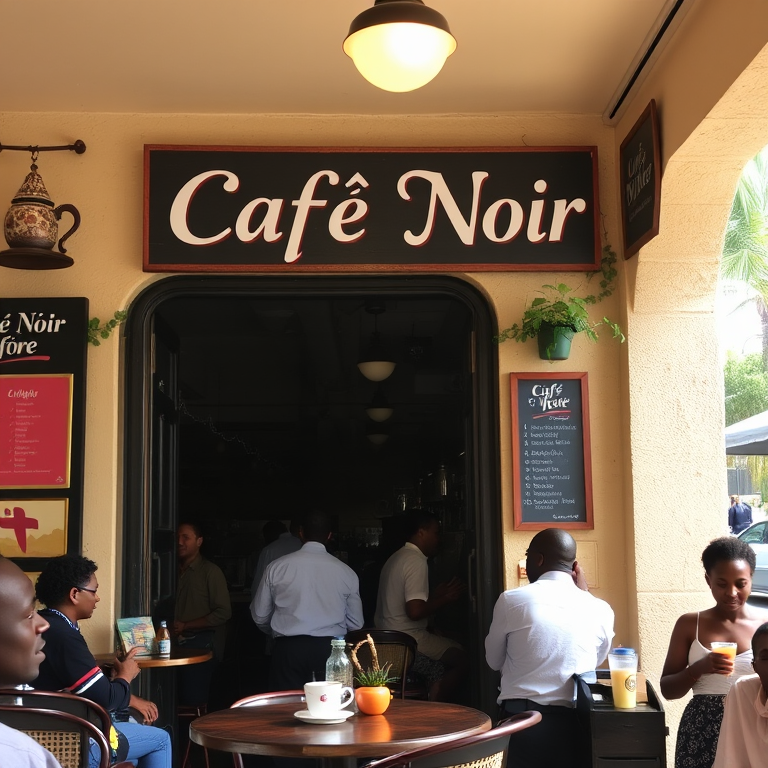Boutique de café africain animée en journée, avec enseigne bien visible indiquant "Café Noir", décoration traditionnelle et clients appréciant leur boisson