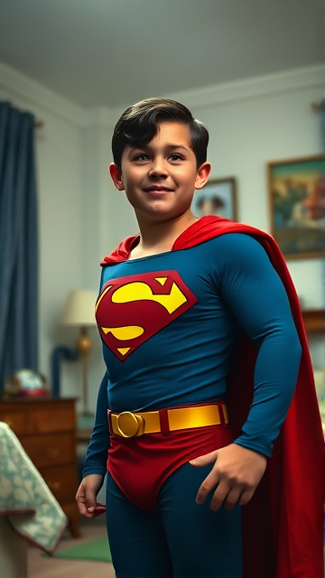 1990's Cinematic Movie Scene: Jon Kent, AKA Superboy, the young little 12-year old super son of Superman, and the first kid to be born as the world's first Half-Kryptonian child. Despite being a kid, he has all of his father's powers, with an extremely muscular body, the iconic costume, the singular curled bang sticking out at the front of his flat and smooth black hair, and a long cape. He is currently standing in his bedroom, ready for action.