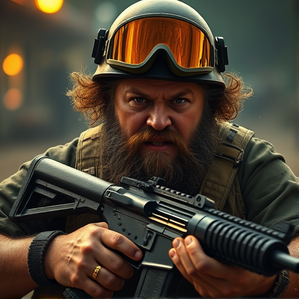 Obese man with curly hair dripping sweat holding assault rifle wearing a pub g level three helmet