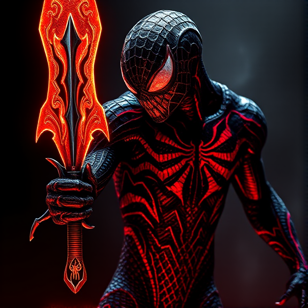 Créer une image d'un symbiote dynamique aux teintes noir et rouge, avec des motifs élaborés sur son corps évoquant une texture organique. Le symbiote possède un bras transformé en lame rougeoyante, complexe et détaillée, reflétant une lumière sinistre. L'ambiance générale est sombre mais intense, mettant en valeur la dualité du personnage.