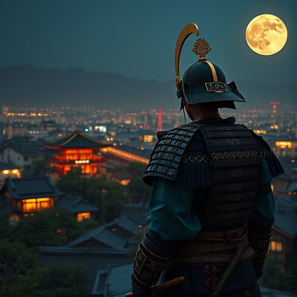 Samurai overlooking Japanese village at night sees moon blow up in the distance