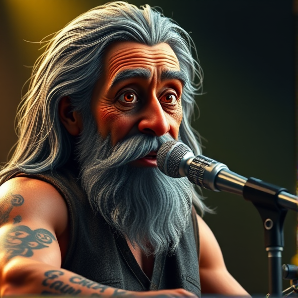 Create a highly detailed 3D rendering of an aged Chicago blues singer with long, unkempt gray hair and a long beard, muscles. Large tattoo on forearm that reads "Gravy Crane". Singing into microphone