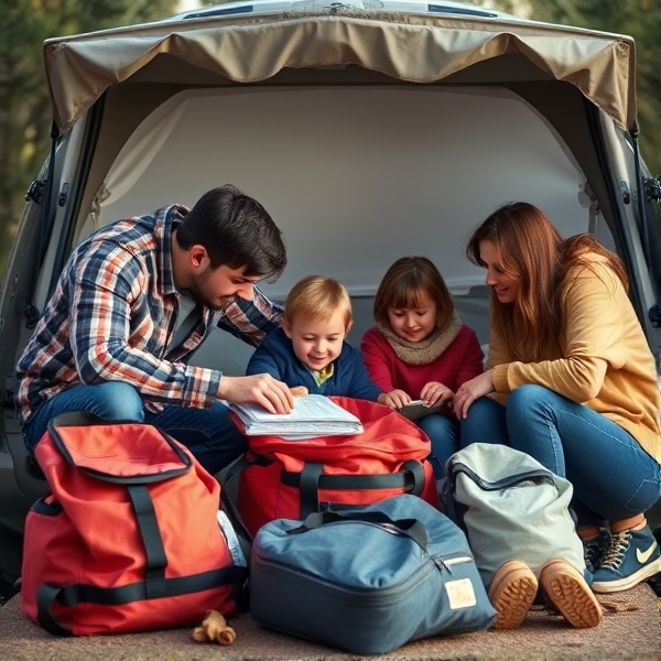 crée moi une image d'une famille faisant un sac d'evacuation d'urgence