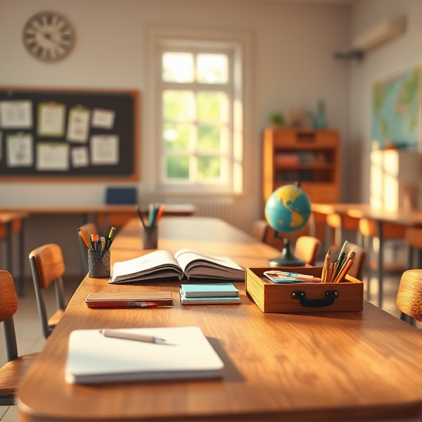 table en bois éclairée par la lumière naturelle de la fenêtre, couverte de fournitures scolaires comme des cahiers ouverts, des stylos, des crayons, une trousse, un globe terrestre et une tablette , dans une salle de classe calme