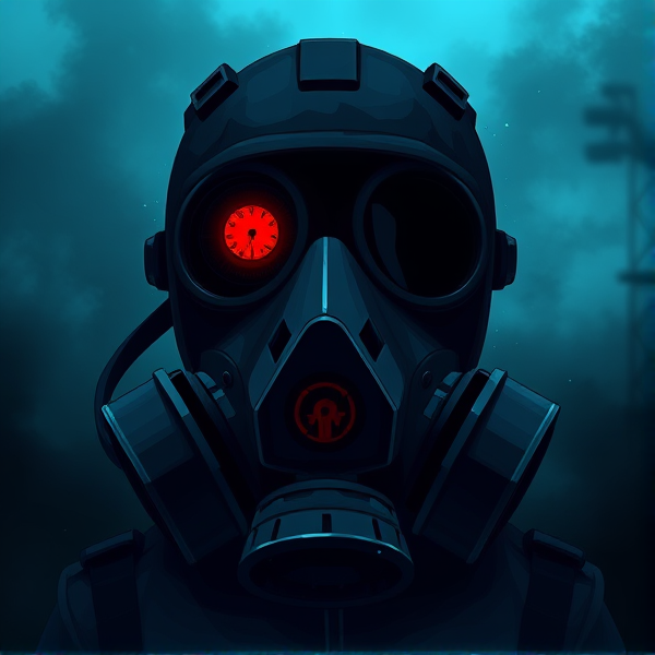 Apocalyptic, gas mask, one eye red, dark foggy background, blue, anime