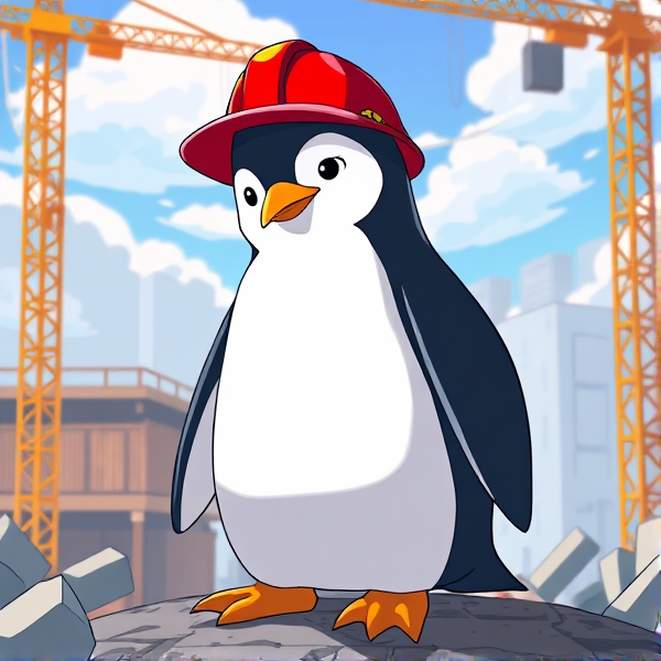 Pingouin dans un chantier avec le drapeau Portugais sur le casques