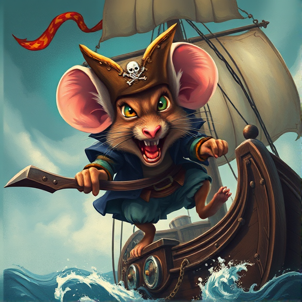 A fantasy styled painting of an angry 
swashbuckling mouse on a pirate ship