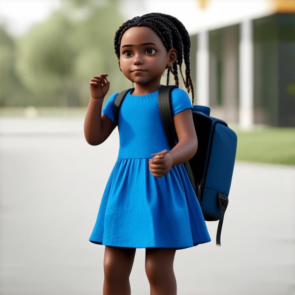 jolie petite fille noire de 8ans en robe avec des tresses africaines avec un sac à dos devant l'école