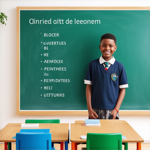 deux garçons noirs de 14 ans, vêtue d'uniforme scolaire , debout souriante et concentrée devant un tableau noir rempli de regles d'orthographe en français  dans une salle de classe ensoleillée et colorée avec des bureaux en bois et des affiches éducatives sur les murs