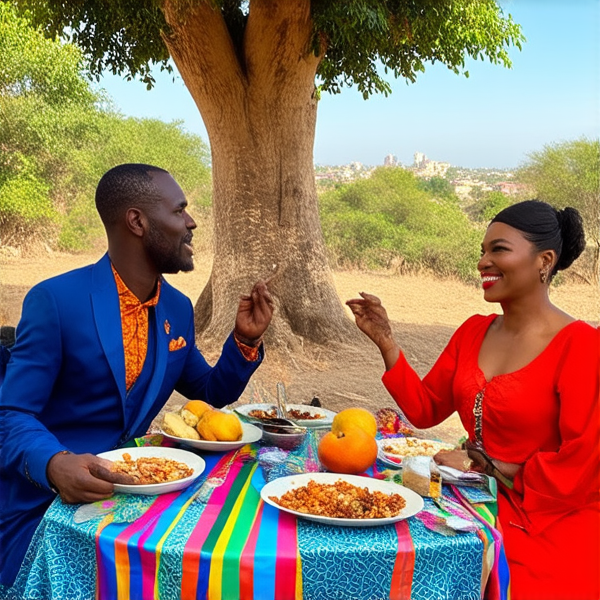 prompt: Un grand repas de famille traditionnel en plein air sous un baobab en Afrique, avec des plats locaux colorés et variés, des fruits exotiques, une grande nappe colorée, des hommes et femmes africains vêtus de tenues traditionnelles multicolores souriants et partageant un moment convivial