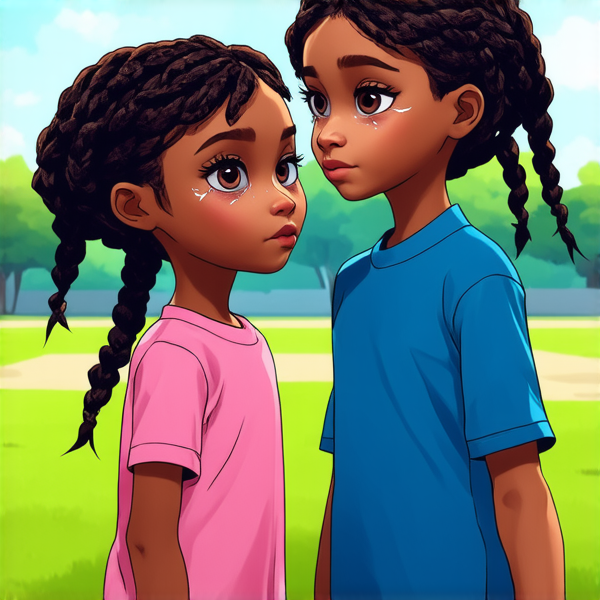 deux jeunes filles de huit ans portant des tresses africaines noires se tenant face à face dans une cour d'école, les yeux humides de larmes et l'air bouleversé alors qu'elles sont en pleine dispute